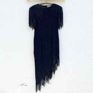 AJ BARI Vintage Black Beaded Asymmetrical Short Sleeve Formal Dress